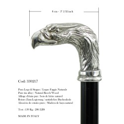 Elegant elderly walking stick for men, women, ceremonies, wood and pewter - eagle bird - Italy